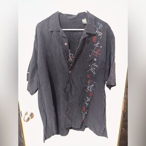 Tori Richard Black Shirt with Colorful Geometric Embroidery